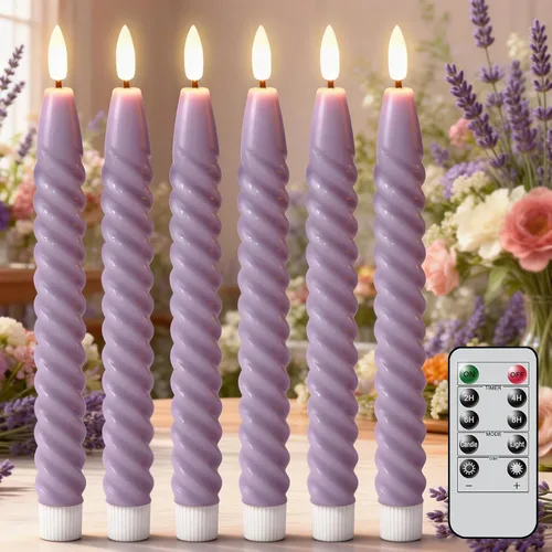 Miniatura 13 de Velas cónicas sin llama de flores moradas con temporizador remoto, velas LED que funcionan con pilas, mecha 3D cálida parpadeante, velas de cera