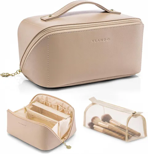 Vlando Bolsa de maquillaje de viaje, neceser para mujer, piel sintética, abierta, plana, bolsa de maquillaje, Clásico elegante
