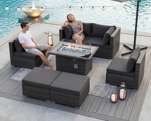 Miniatura 57 de BULEXYARD Juego de 7 piezas de sofá seccional para exteriores con respaldo alto, mesa para fogatas, juego de muebles de patio de mimbre resistente a