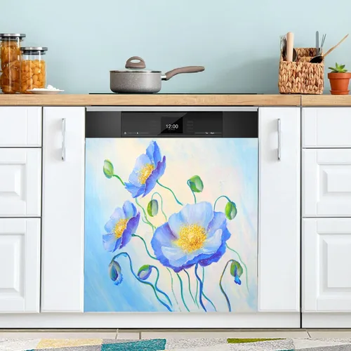 Pintura al óleo azul amapola cubierta magnética para lavavajillas, flores de primavera, verano, floral, adhesivo magnético para lavavajillas,
