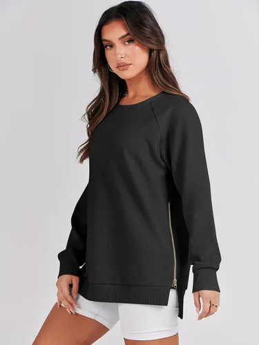 Miniatura 3 de Caracilia Sudaderas de gran tamaño para mujer, manga larga, cuello redondo, túnica con cremallera lateral, ropa de invierno de moda 2023
