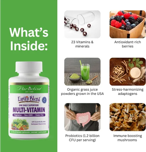 Miniatura 3 de Paradise Herbs Earth's Blend Once Daily Multivitamínico con hierro, 48 superalimentos orgánicos, probióticos, antioxidantes, vitaminas A, B12, C, D
