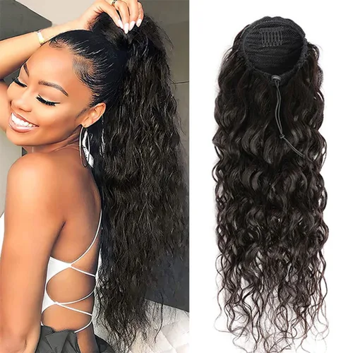 Miniatura 13 de Extensión de cola de caballo con cordón, cabello humano afro rizado para mujeres negras, extensiones de cabello virgen brasileño Remy Yaki