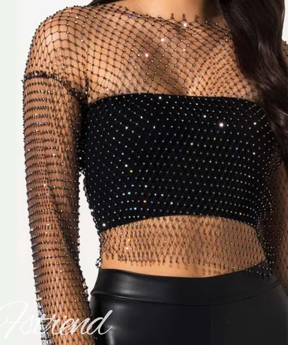 Miniatura 5 de Fstrend Cadena de malla de cristal con diamantes de imitación, parte superior corta negra, manga larga, bikini transparente, A