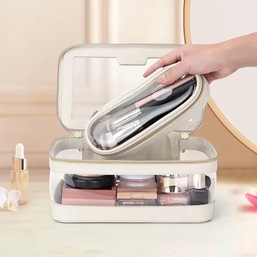 Miniatura 7 de Soimeat Bolsa de maquillaje transparente de viaje con bolsa para brochas de maquillaje, estuche de maquillaje de cuero, bolsa de cosméticos Blanco