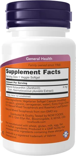 Miniatura 2 de NOW Foods Suplementos, Astaxantina 4 mg, presenta Zanthin®, apoya la salud ocular*, 60 cápsulas blandas vegetales