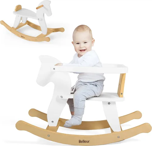 Belleur Caballo mecedor para niños de 1 a 3 años, juguete mecedor de madera para niños pequeños con valla extraíble para actividades en interiores y