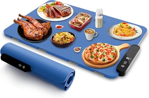 Bandeja de calentamiento eléctrica, alfombrilla de calentamiento de alimentos enrollable con 5 temperaturas y 6 ajustes de temporizador,
