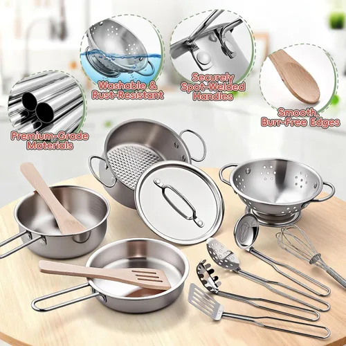 Miniatura 7 de Accesorios de Cocina de Juguete, Juego de Cocina de Acero Inoxidable Grande para Niños Pequeños, Juego de Cocina Infantil con Alimentos de Juguete