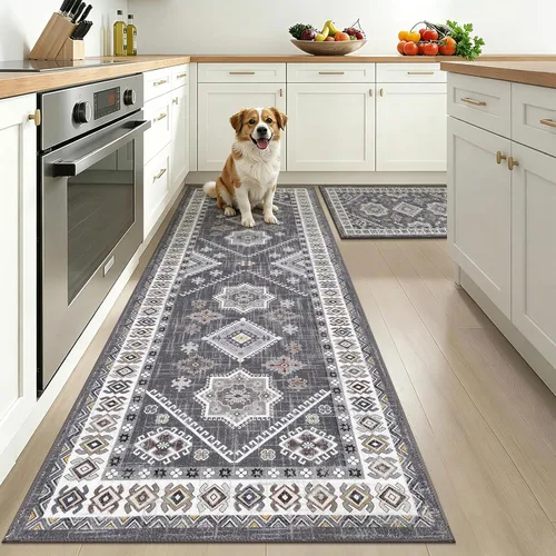 Miniatura 13 de HEBE - Juego de alfombras de cocina bohemias de 3 piezas con corredor, alfombras de cocina antideslizantes y tapetes lavables para piso de cocina