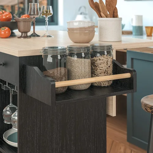 Miniatura 8 de IRONCK Carrito de isla de cocina rodante con hojas caídas y estante para vino, carrito de servir con ruedas para microondas con cajón y estantes