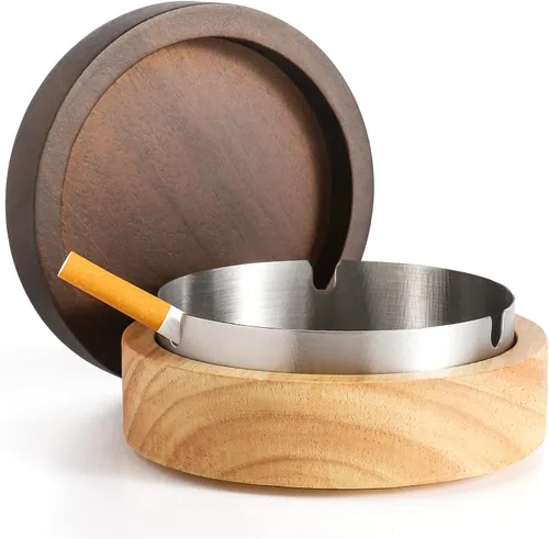 Miniatura 7 de Cenicero lindo para cigarrillos con tapa DDAJJAJ Cenicero de madera con acero inoxidable, cenicero portátil decorativo, cenicero resistente al