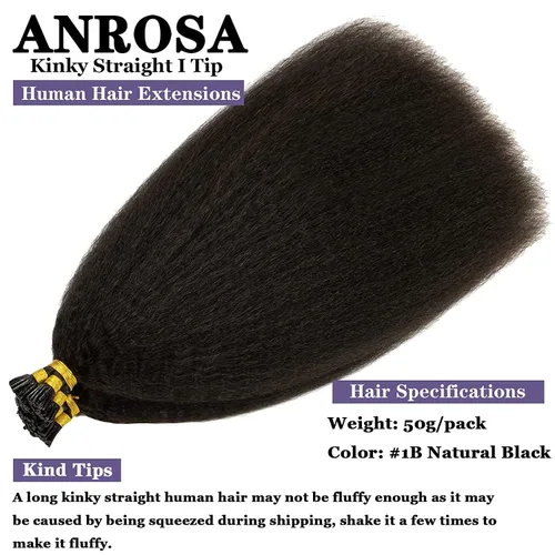 Miniatura 2 de Anrosa Extensiones de cabello humano con punta en I, cabello liso y rizado, 12 pulgadas, negro natural, extensiones de cabello Itip, cabello humano