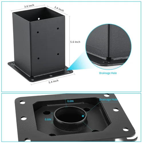 Miniatura 3 de Base de poste de 4x4 2 piezas, (Tamaño interno 3.6x3.6) Anclajes de poste, Acero sólido de 13GA y recubierto con polvo negro, Soportes de poste