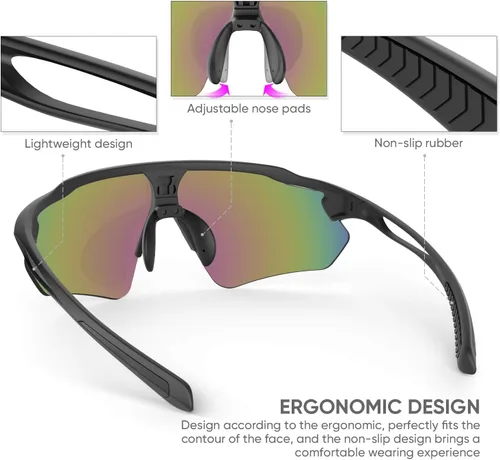 Miniatura 5 de Gafas de ciclismo, lentes deportivos polarizados con marco irrompible TR90, anti-UV400 A1#Negro-Gris Base de Lente REVO Verde