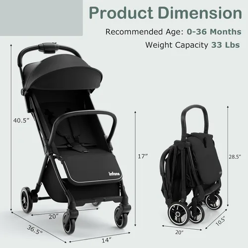 Miniatura 8 de INFANS Cochecito de viaje plegable ultracompacto listo para avión, plegado por gravedad con una sola mano cerca del asiento reclinable plano, Negro
