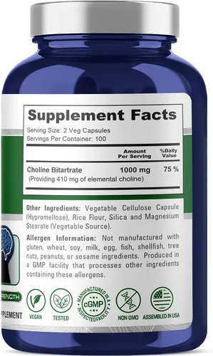 Miniatura 3 de NusaPure Bitartrato de colina - Apto para vegetarianos/veganos, sin OMG - 1000 mg 200 cápsulas