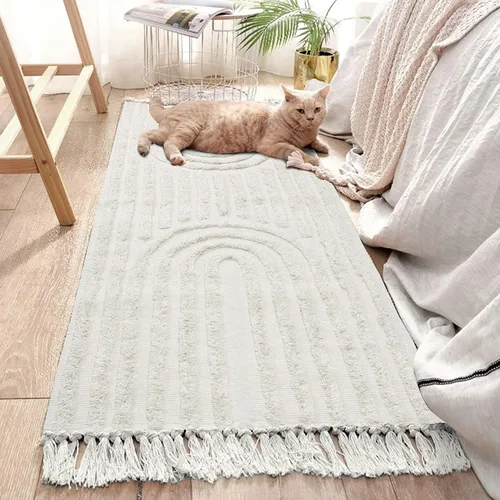 LEEVAN - Alfombra de camino estilo bohemio lavable 2 x 5 pies, tejida en color beige, de algodón para cocina rústica con borlas, alfombra de acento