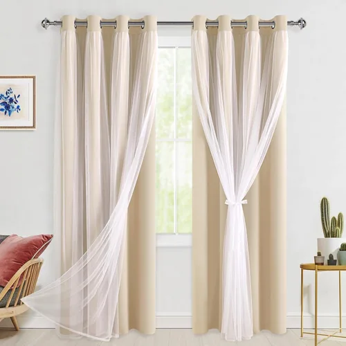 Miniatura 10 de Hiasan Cortinas opacas con superposición transparente, aislamiento térmico para mezclar y combinar de doble capa, cortinas de oscurecimiento de Beige