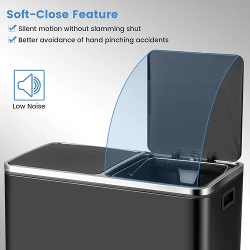Miniatura 5 de Goplus Basurero doble de 60 litros (2 x 30 L)/16 galones de acero inoxidable, cubo de basura rectangular con cubos interiores y tapas con bisagras