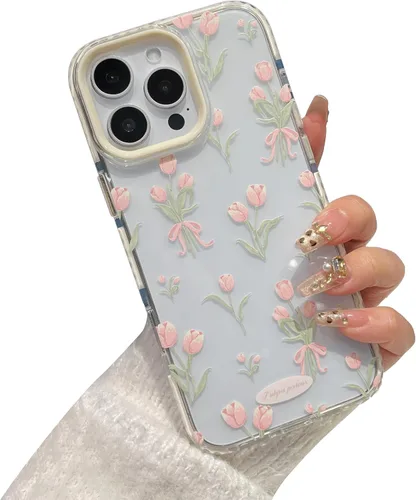 Miniatura 7 de Funda para iPhone 13, color blanco Funda para teléfono con diseño floral de tulipanes rosados para iPhone