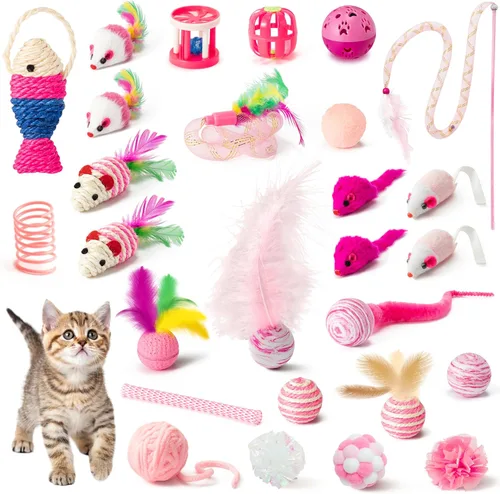 MALLMALL6 Juego de juguetes interactivos para gatos, paquete de 27 piezas, paquete de 27 piezas, plumas rosadas, varita, resortes, ratones, sisal,