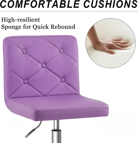 Miniatura 4 de VECELO Silla de tocador de cuero PU con respaldo medio sin brazos, altura ajustable, giratoria rodante 360° para trabajo en casa y oficina Púrpura