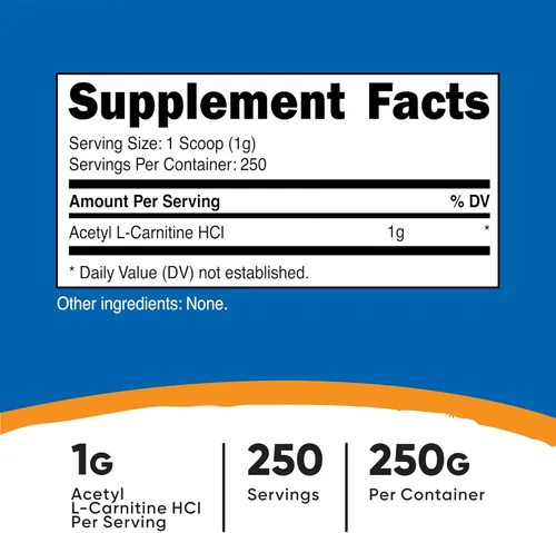 Miniatura 2 de Nutricost Acetil L-carnitina (ALCAR) 8.82 oz en polvo - 0.04 oz por porción - 250 porciones