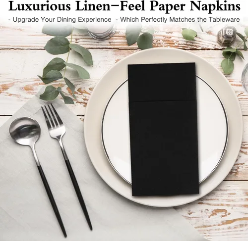 Miniatura 6 de Servilletas negras desechables con sensación de lino con bolsillo integrado para cubiertos, preplegadas para cuchillos y tenedores, servilletas