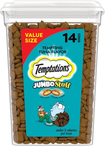 TEMPTATIONS Jumbo Stuff Bocadillos crujientes y suaves para gato sabor Atún tentador, 14 onzas Envase