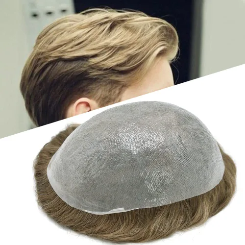 Miniatura 24 de Mens Toupee Remy, sistemas de reemplazo de cabello humano 0.002 in, tupé de piel fina para hombres, todos los trazos en V para hombres, protesis
