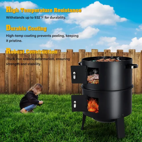 Miniatura 4 de Parrilla vertical para ahumar carbón de 32 pulgadas, parrilla de barbacoa resistente con termómetro integrado, parrilla 3 en 1 y ahumador, olla
