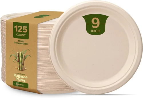 GUSTO Platos de papel Kraft 100% compostables de 9 pulgadas [125 unidades] Vajilla desechable ecológica y resistente, platos llanos de bagazo