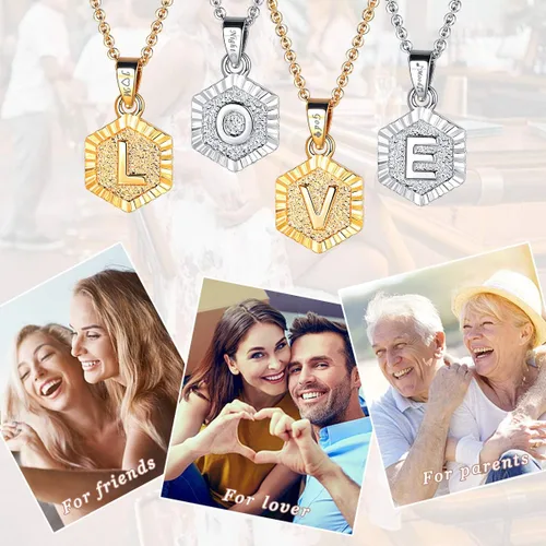 Miniatura 6 de FOCALOOK Collares con dije de letra hexagonal chapada en oro amarillo y platino, 18 pulgadas
