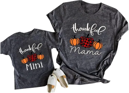 Thankful Mama and Thankful - Mini camisas a juego para mamá y mí camisetas de calabaza de Acción de Gracias para mamá mini camiseta de otoño de