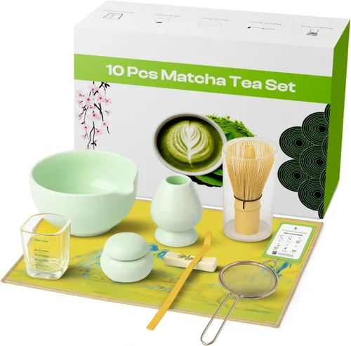 Miniatura 9 de Juego de 10 batidores Matcha Kit completo de té Matcha con cuenco de cerámica de 17 onzas, batidor y cuchara de bambú, soporte para batidor, tamiz