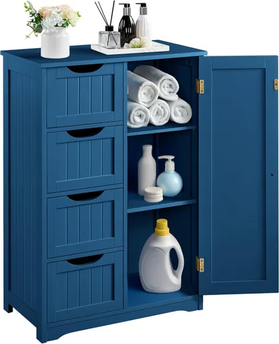 Miniatura 11 de Yaheetech Armario organizador de madera para el suelo del baño/lateral con 4 cajones y 1 armario, unidad de almacenamiento de entrada independiente
