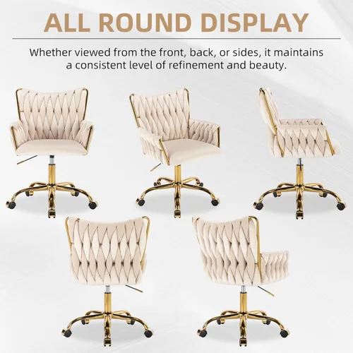 Miniatura 8 de Westice Silla de Escritorio de Terciopelo, Silla Cómoda Dorada para Oficina en Casa con Respaldo Tejido a Mano, Silla Giratoria de Altura Ajustable