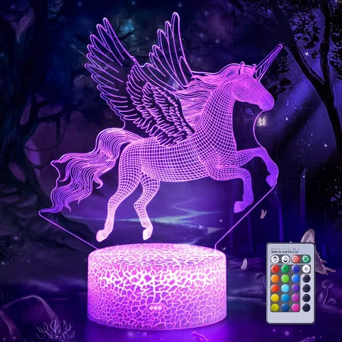 Hoofun Lámpara de ilusión 3D de unicornio, luz nocturna de unicornio volador 3D, lámpara visual de escritorio con control remoto, 16 colores