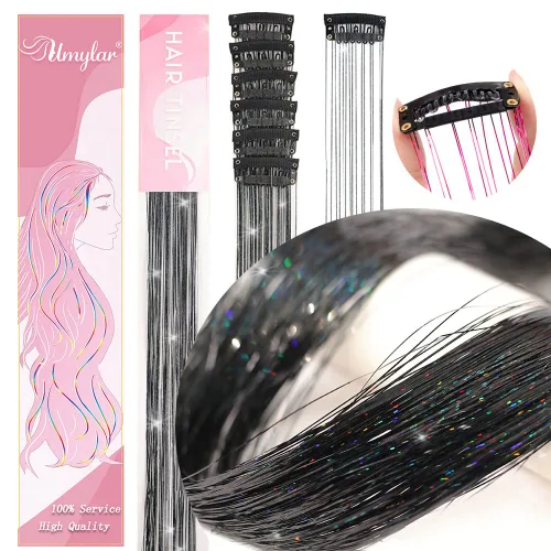 Miniatura 2 de Paquete de 12 extensiones de cabello de oropel con clip, paquete de 12 unidades, 20 pulgadas, extensiones de cabello de oropel con purpurina, negro#