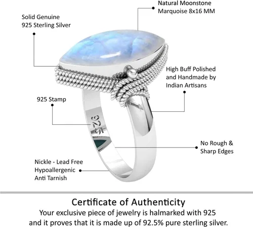 Miniatura 4 de JEWELOPORIUM Anillo hecho a mano de plata de ley 925 para mujer 8x16 Marquoise Gemstone Fashion Jewelry para regalo (99093_R)