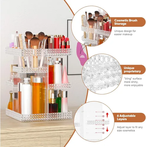 Miniatura 4 de Organizador de maquillaje de acrílico transparente giratorio de 360°, 7 capas grandes organizadores de maquillaje y almacenamiento, organizador