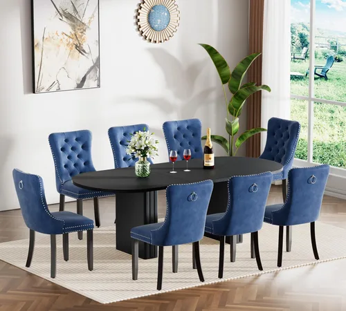 Miniatura 10 de Juego de 4 mesas de comedor extensibles, mesa de comedor ovalada negra y 4 sillas de comedor de terciopelo negro con patas de madera, juego de mesa