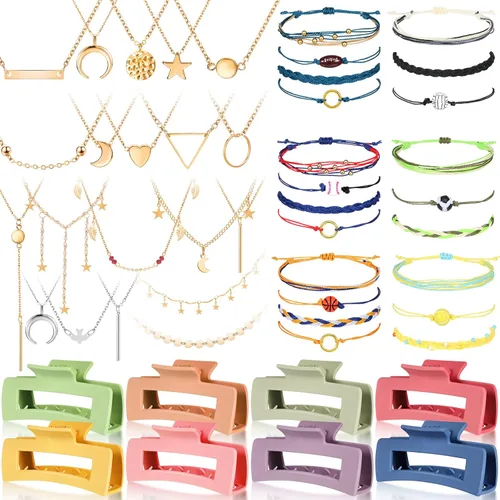 49 piezas de accesorios para mujer, pulseras de amistad con ondas de surfista, gargantilla en capas, pinzas cuadradas para el cabello para niñas