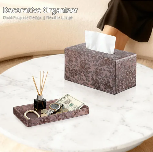 Miniatura 6 de YAPISHI Caja de pañuelos grande rectangular con almacenamiento de bandeja, soporte de pañuelos faciales de piel sintética, se adapta a 230