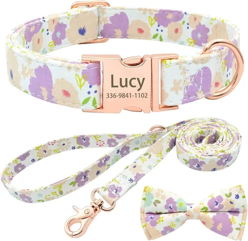 Miniatura 20 de Collar de perro con bonito lazo personalizado con nombre, collar floral personalizado con hebilla dorada grabada para perras pequeñas, medianas