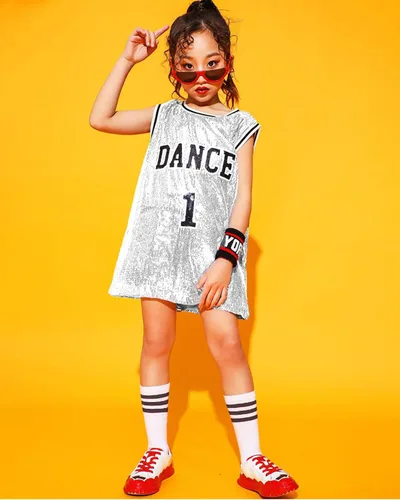 Miniatura 7 de LOLANTA Ropa de baile Hip Hop para niñas, vestido de lentejuelas para niños, camiseta larga sin mangas, camiseta de animadora de jazz