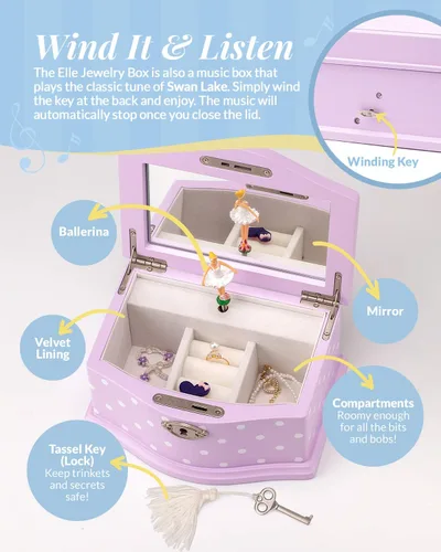 Miniatura 11 de Elle Joyero – Organizador de joyas de bailarina y caja de música de cuerda Swan Lake para niñas y adolescentes, accesorios y almacenamiento