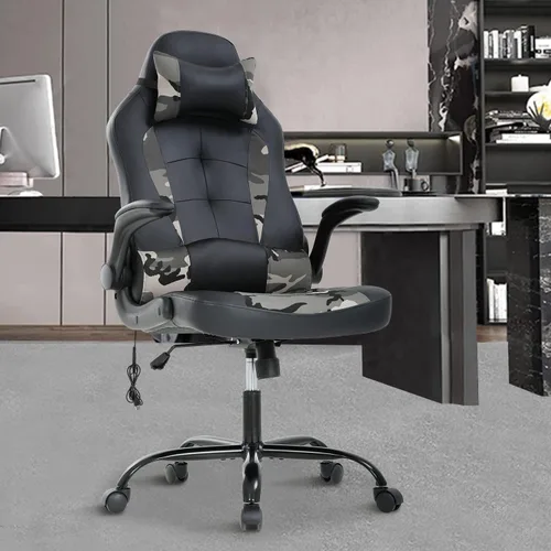 Sillas de computadora para adultos, silla ergonómica de videojuegos con cojín lumbar grueso y brazos abatibles, silla de escritorio de piel