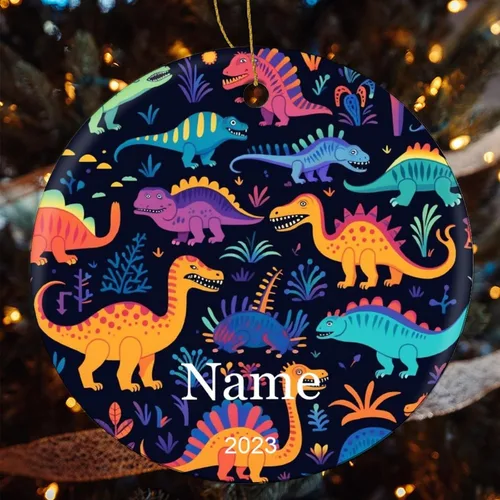Miniatura 4 de Adorno colorido con patrón de dinosaurio de 3 pulgadas, adorno de Navidad de cerámica de 3 pulgadas, bonito adorno de Navidad de dibujos animados
